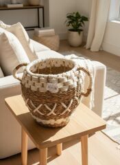 Panalı BJH-94 Beyaz Orta Boy Dekoratif Sepet – Doğal Dokulu Estetik Saklama Çözümü