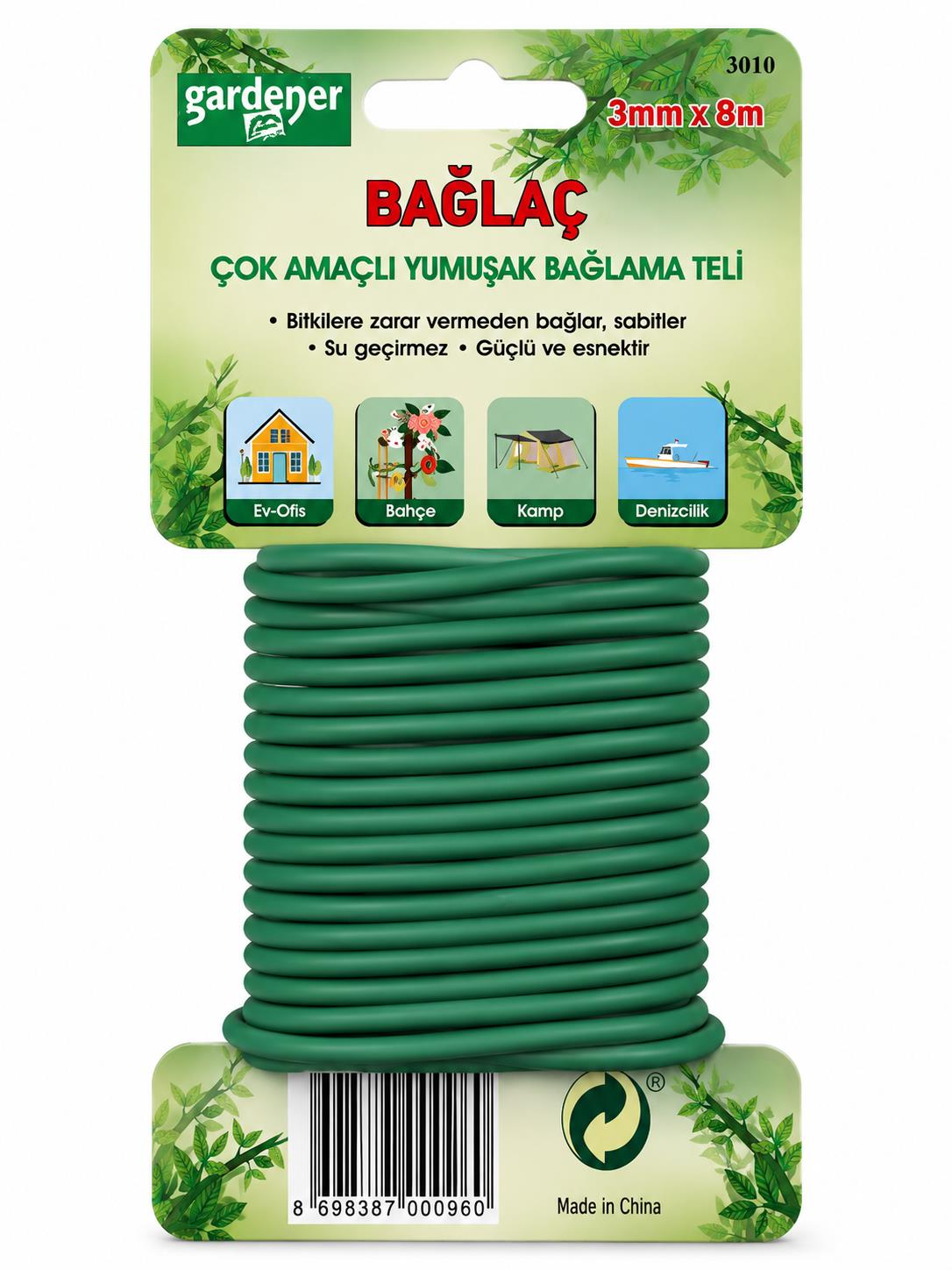 Gardener 3010 Bağlaç, Çok Amaçlı Yumuşak Bağlama Teli – 3mm x 8m.
