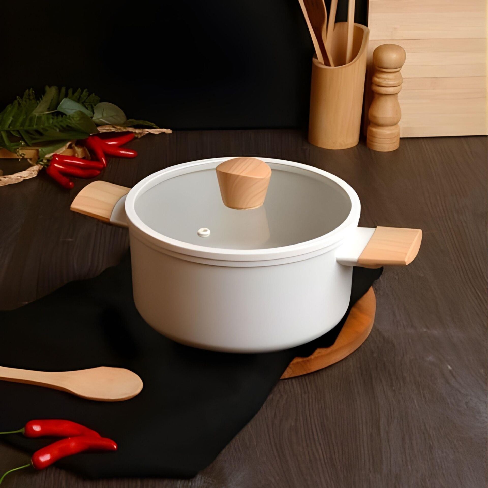 Belariva 24 Cm Kapaklı Beyaz Ahşap Saplı Derin Tencere