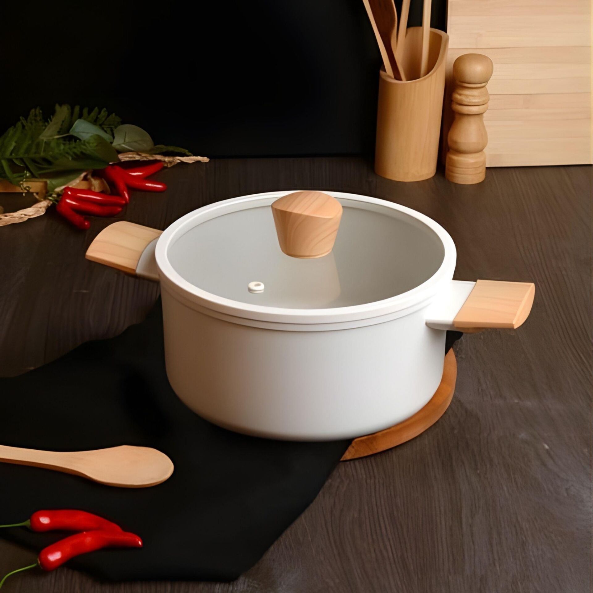 Belariva 26 Cm Kapaklı Beyaz Ahşap Saplı Derin Tencere