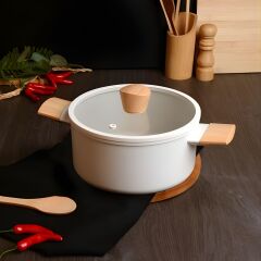 Belariva 26 Cm Kapaklı Beyaz Ahşap Saplı Derin Tencere