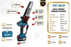 Proter PST 120 ST Şarjlı Kömürsüz Akülü Dal Budama Testeresi 20V 4.0Ah 2 Batarya