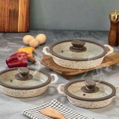 Polochef İnci Döküm Kapaklı Granit Sahan Seti 18-20-22 cm - Krem
