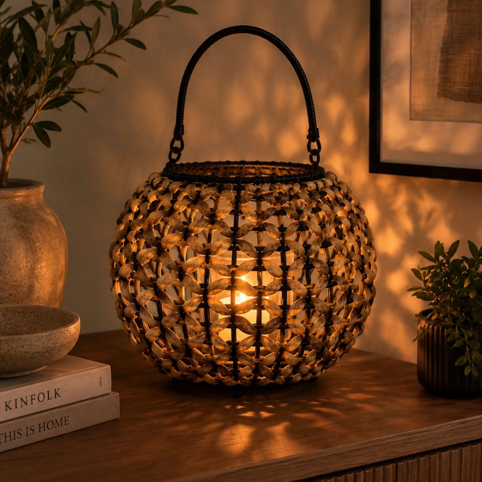 28 cm Siyah Yuvarlak Örme Rattan Fener