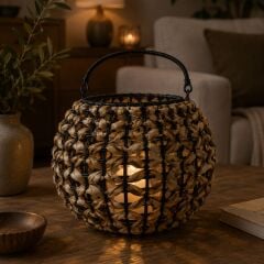 28 cm Siyah Yuvarlak Örme Rattan Fener